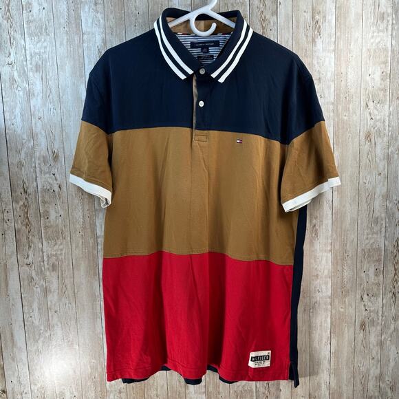 Tommy Hilfiger Custom Fit XL Brown Black Colorblock Striped‎ Cotton Pique - Picture 1 of 7